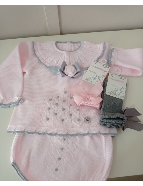 Conjunto lana rosa/gris